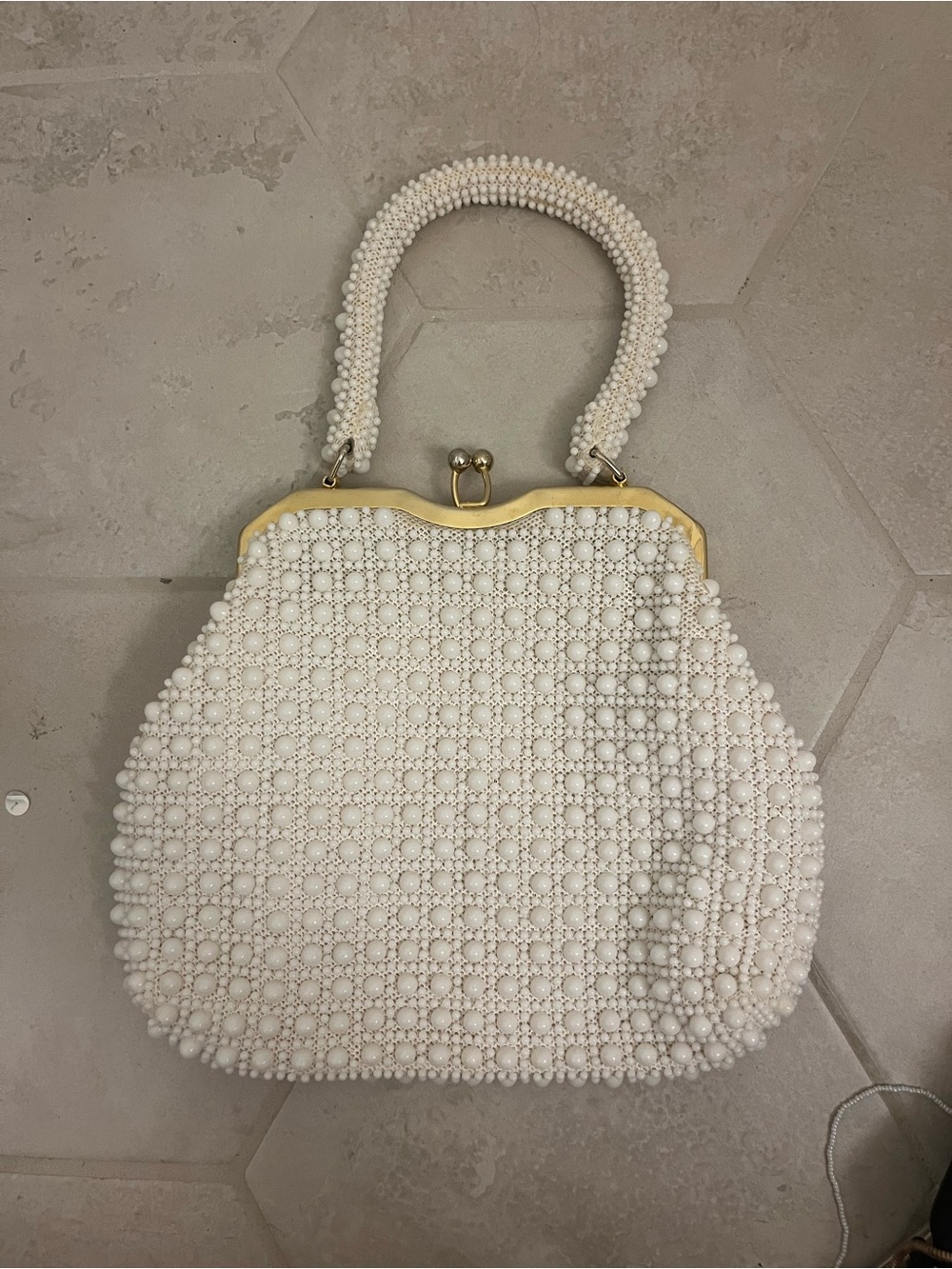 White Beaded Top-Handle Evening Bag